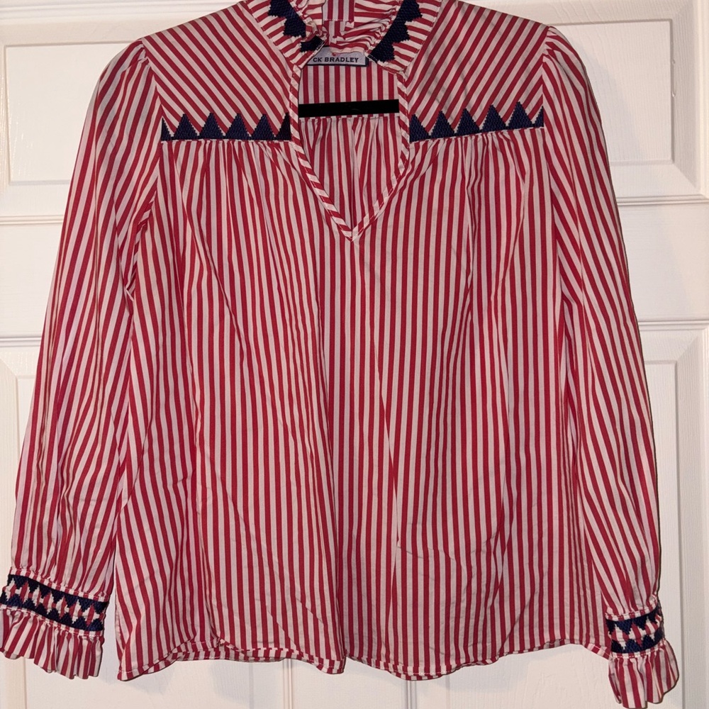 ♥️🤍Red and White Striped Blouse with Blue Accents💙